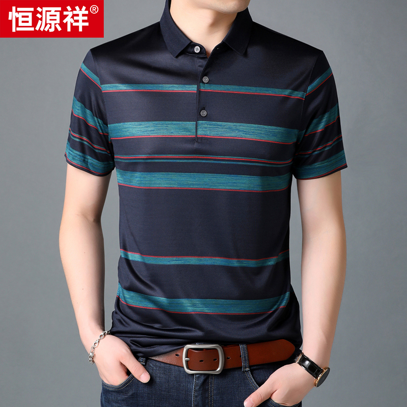 Hengyuanxiang mens short-sleeved POLO shirt T-shirt mens new rip-off mens 2021 striped middle-age T-shirt top