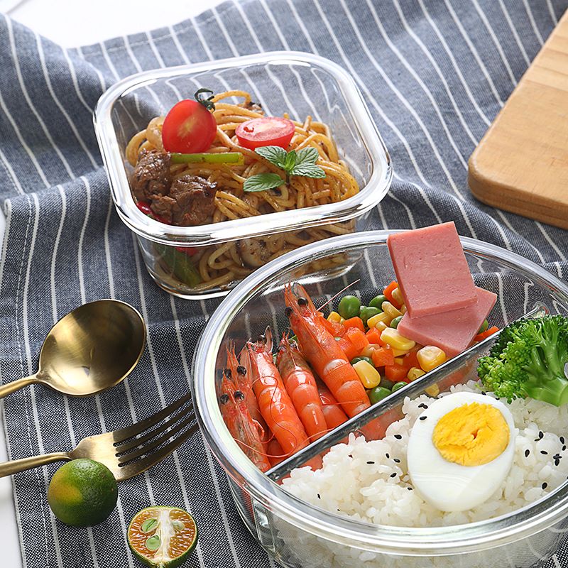 Glass lunch box can be microwave oven heating special students working class lunch box grid fresh fruit-separated poop bowl