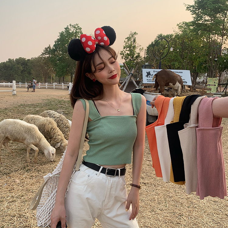 Knitted sling top female summer cover belly show slim body inside wearing a short open umbilical cord sleeveless outer tie small vest tide