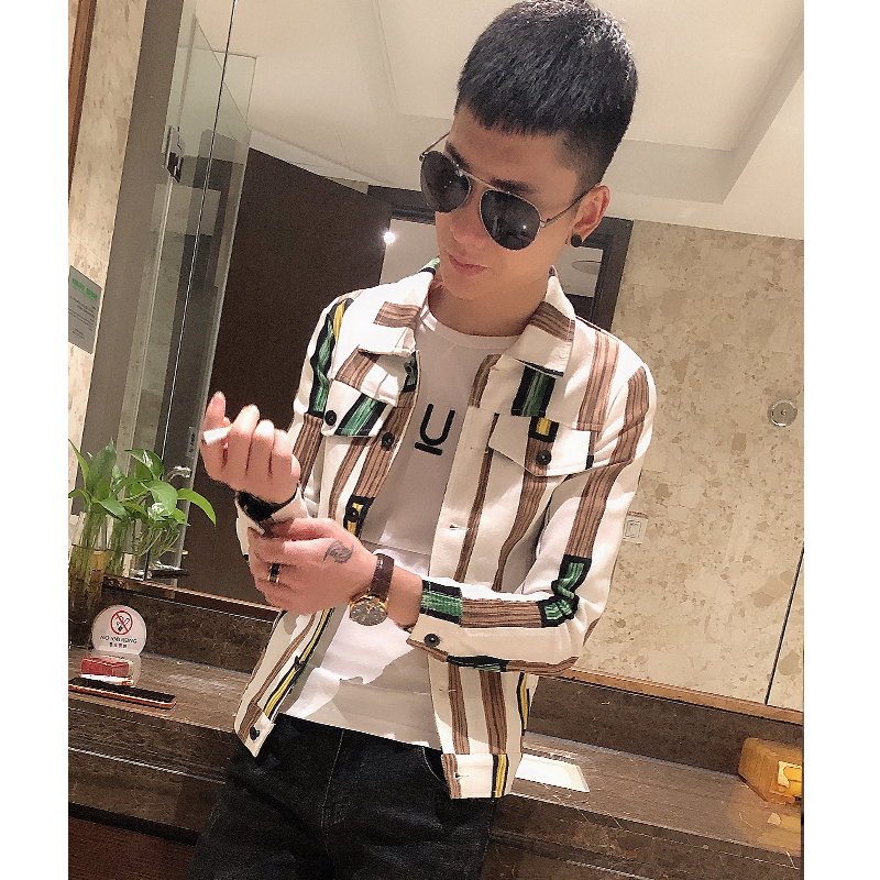 Spirit guy slim jacket jacket autumn winter personality striped handsome jacket young mens trend mens new clothes