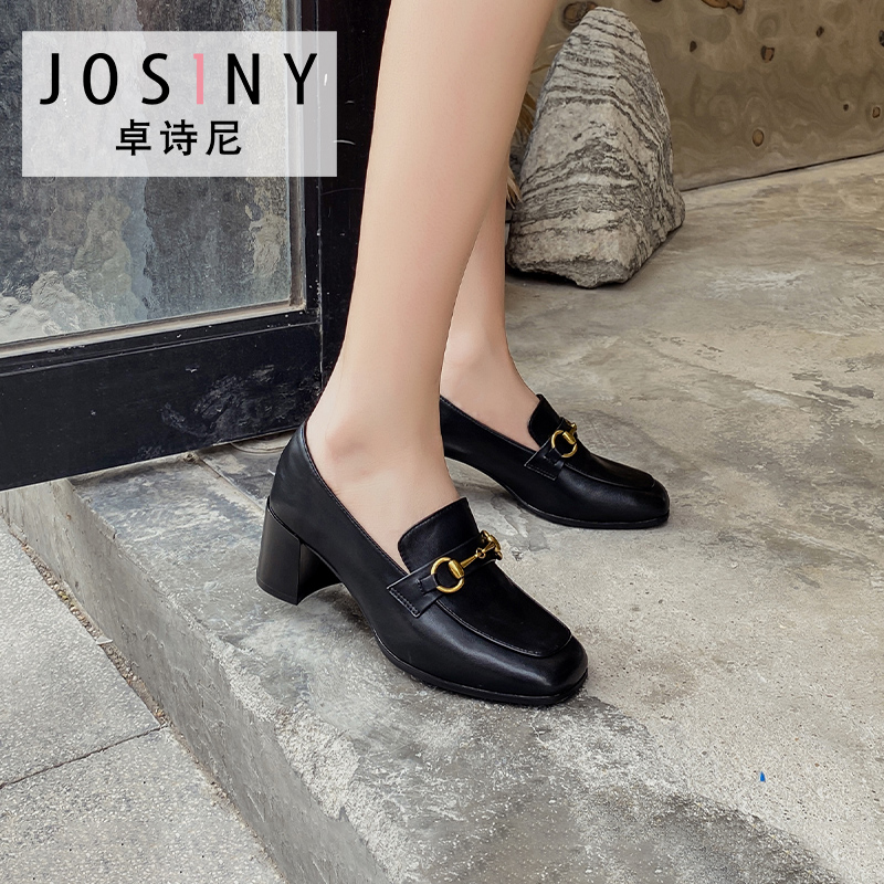Zosini spring 2021 new Carrefour shoes womens high-heeled thick heel deep mouth a hundred casual leather shoes