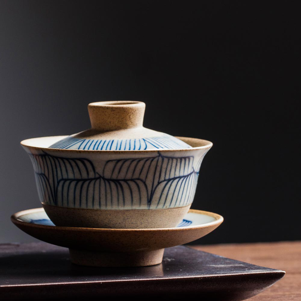 Unique hand-painted green flowers three only cover bowl Zen retro coarse ceramic household single large kung fu tea set tea bowl