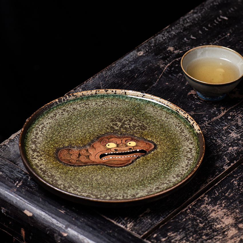 Single Qing Fushi painted swallowing beast tea plate pot Cheng Jingdezhen hand-painted tea order plate tea set to raise pot to dry tea plate