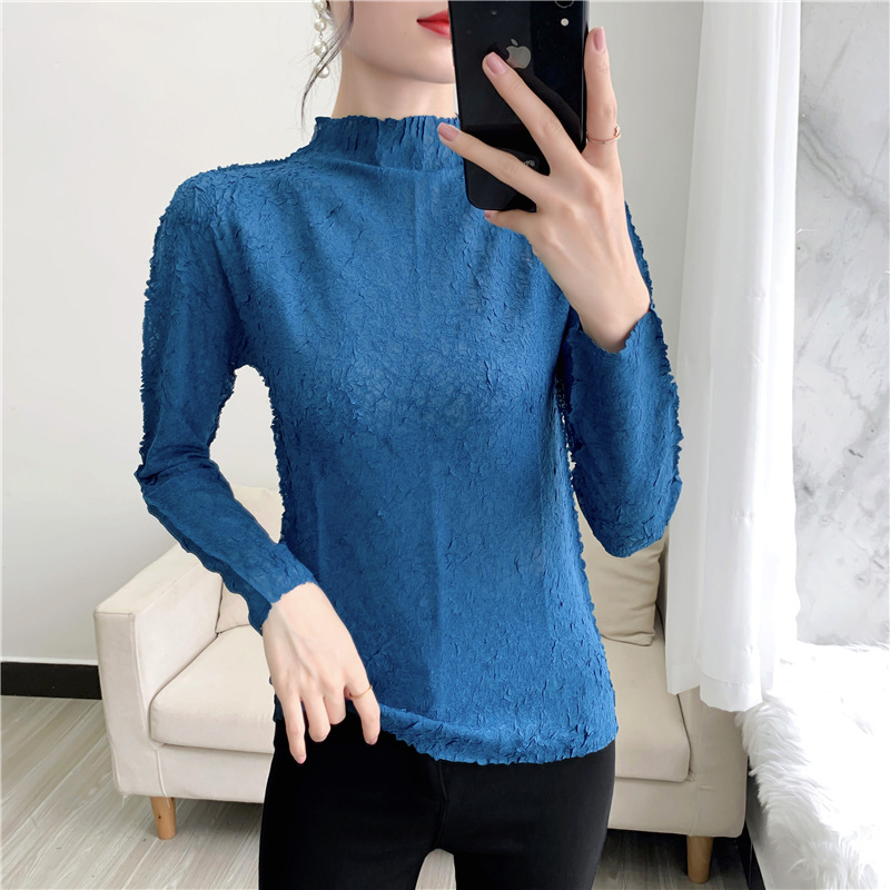 Three-house pleated top womens fall 2020 new bottoms t-shirt tian silk dress womens T-shirt solid color semi-high collar