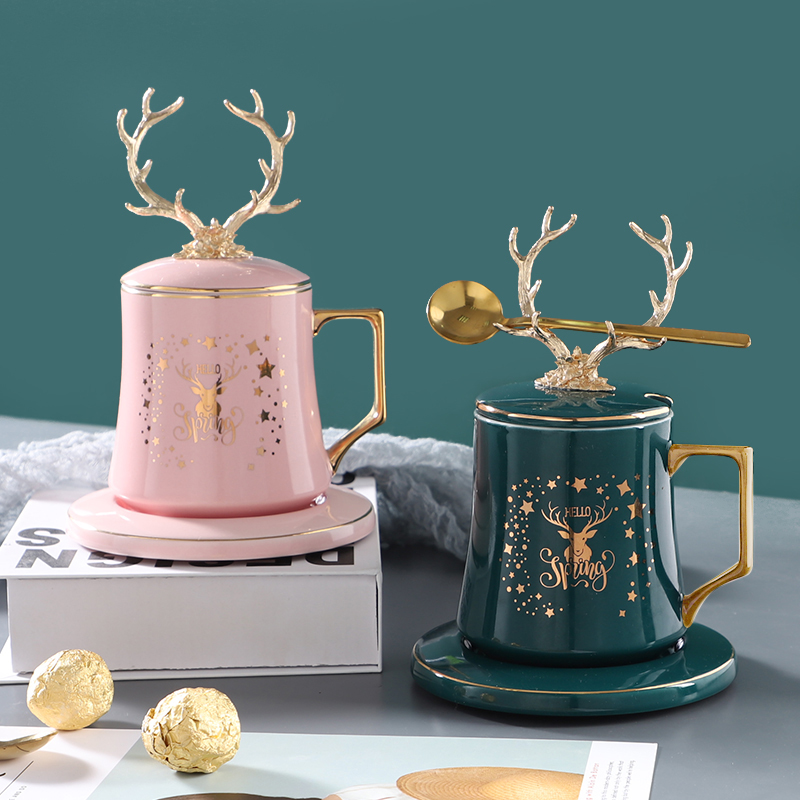 Couple coffee cup cup mack light luxury birthday gift with a cover spoon personality trend office teac cup ceramic drinking cup