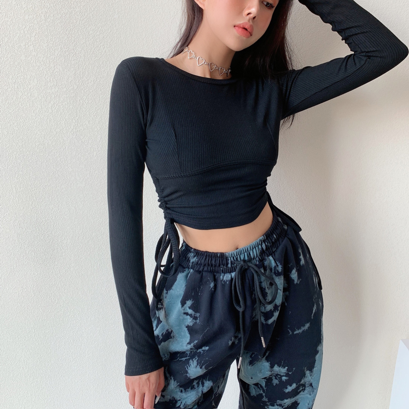 Liviahome heart machine thin early spring short draw rope bottoms womens solid color elastic slim body umbilical top