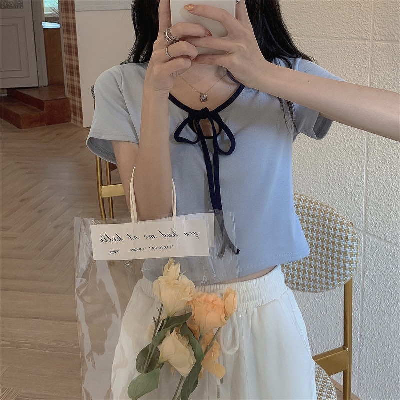 Gentle wind strap design sense niche bm short top summer open umbilical hottie sexy short-sleeved t-shirt girl ins tide