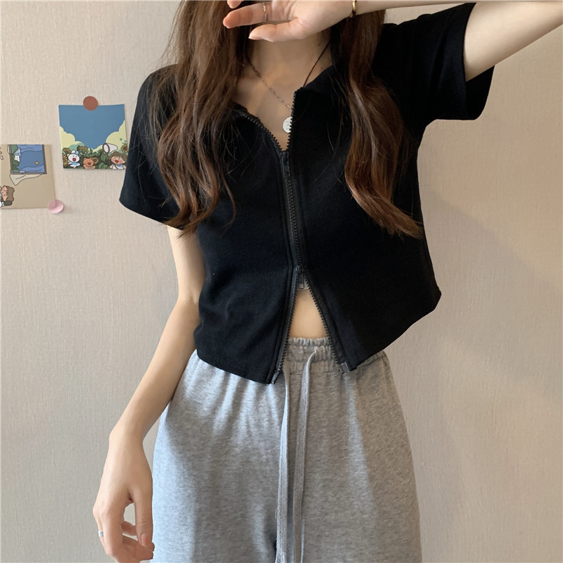 Temperament double-head zippered short-sleeved knitted cardigan womens short top slim design sense minority half-sleeve t-shirt