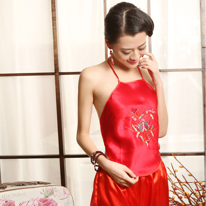 Silk belly pocket lady adult sexy silk embroidered silk belly pocket female mulberry silk tied with underwear pajamas set