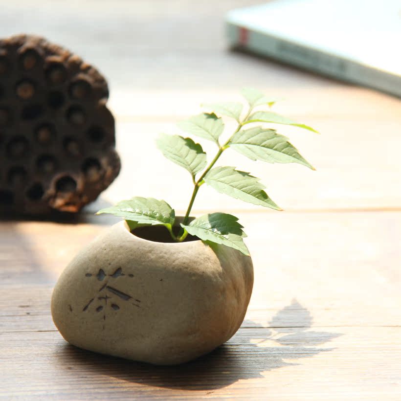 Chi-Tao En Zen hand-made ceramic imitation stone pendulum multi-meat hydroponic flowerer vase Japanese-style coarse pottery water storage small flower inserts