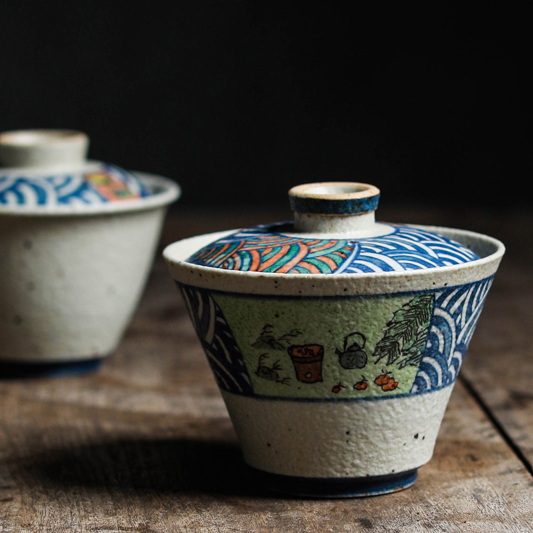 Single Qing four-sided hand-painted cover bowl ceramic Jingdezhen tea cup Kung Fu tea bubble tea bowl single Chinese retro tea set