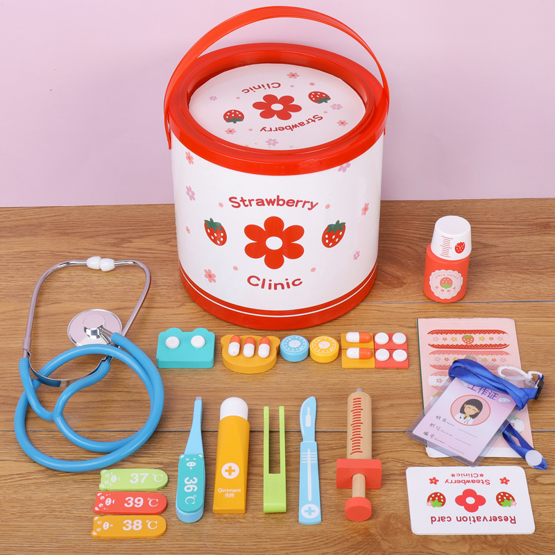 Wooden simulation bucket doctor kit toy medical box injection nurse 2-6 years old boys and girls stethoscope