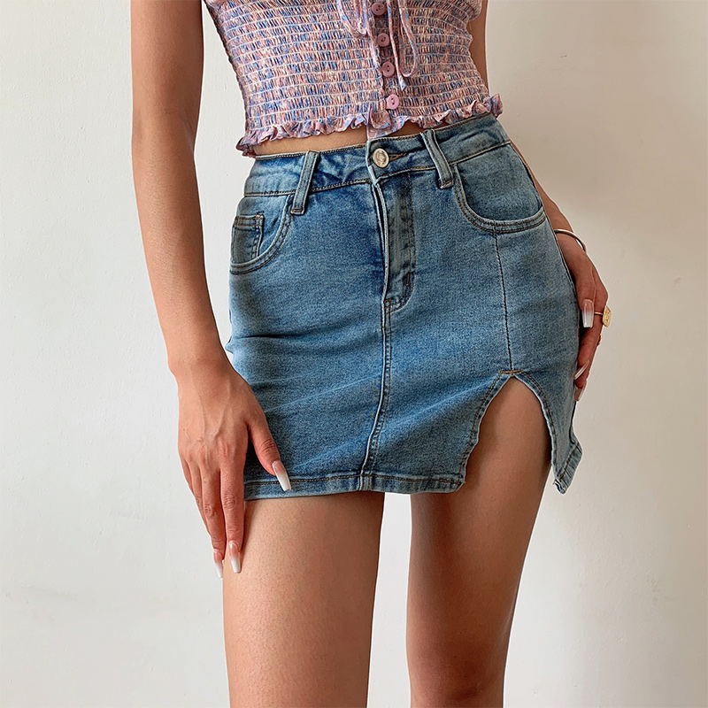 LIVIA American retro ins fork denim skirt pants high waist thin bag hip skirt womens hundred with anti-walking light skirt