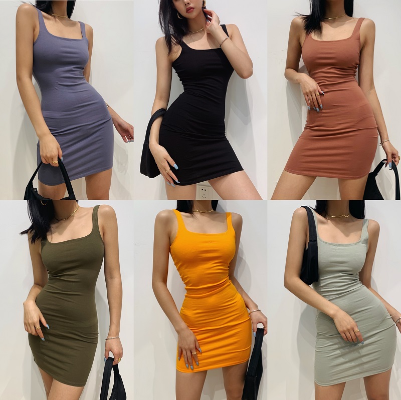 LIVIA 6 color European and American ins basic style collar bag hip sexy tight vest skirt womens strappy bottom dress