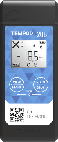 The Tempod 20B -20 to 70 degrees C electronic temperature recorder cycles with Bluetooth APP transmission for 3-point calibration