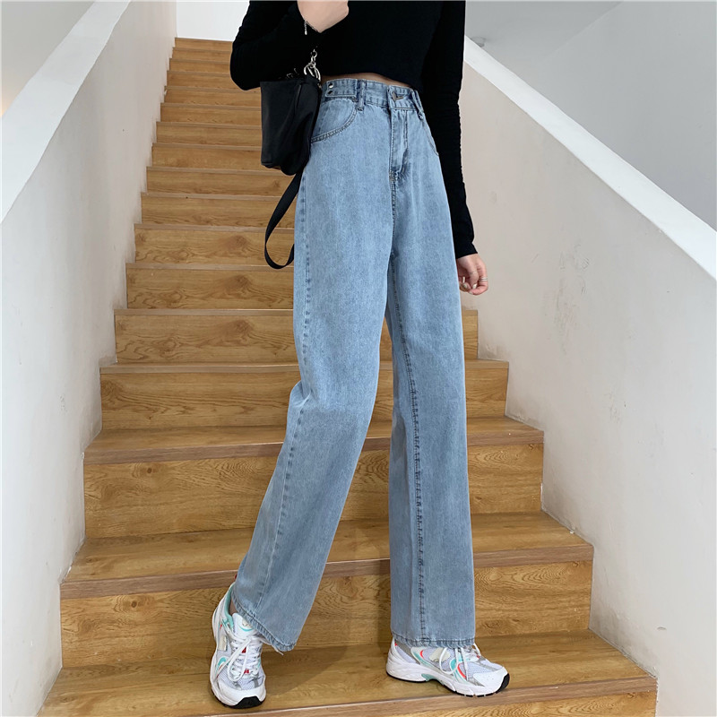 Vintage chic port-flavored jeans children Spring and Autumn 2021 high-waisted loose straight barrel show thin stilt broad-legged pants