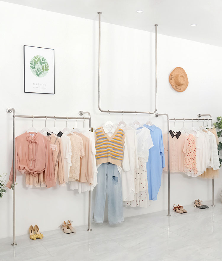 Clothing store wall hanging combination display rack Korean version of the Nordic wind wall floor-to-ceiling display rack stainless steel ribbon shelves