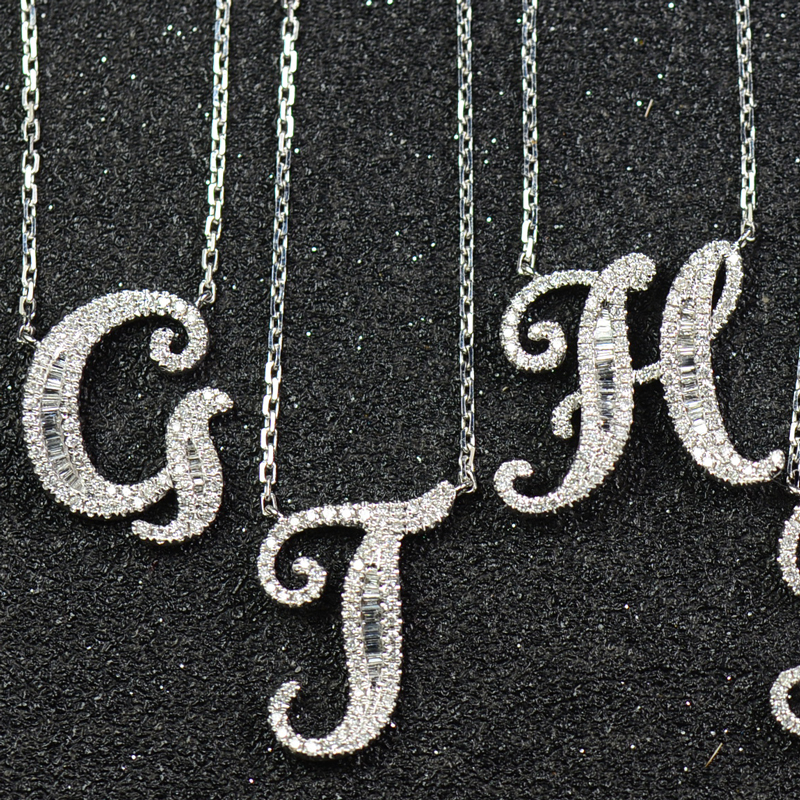 3d physic version 18k white gold hetero-shaped ladder T square diamond letter chain necklace 26-letter pendant collarbone chain