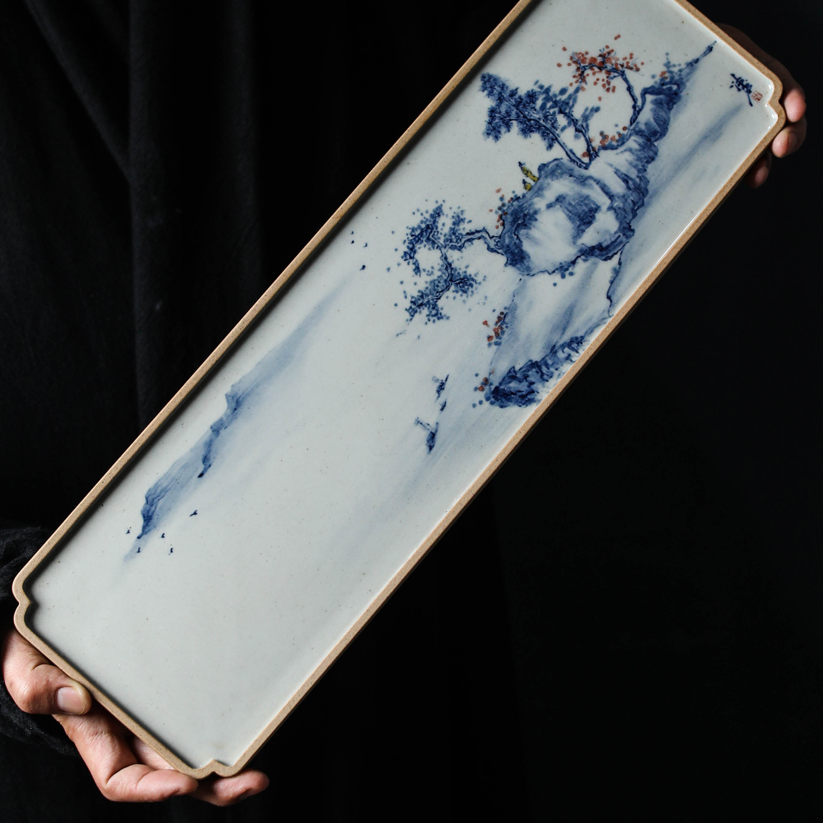 Unique Qing shanshui Qingyin tea plate ceramic hand-painted green flower kung fu tea set snack tea Haito large dry tea table