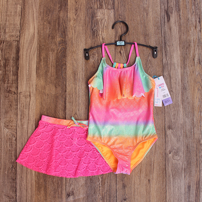 Childrens jumpsuit fashion gradient girl sling lace swimwear pants with skirt two-piece set girl quick dry