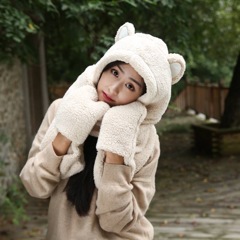 Cub ear hat female autumn and winter cute plush scarf gloves one Korean version of the ear protection plus thick warm three-piece set