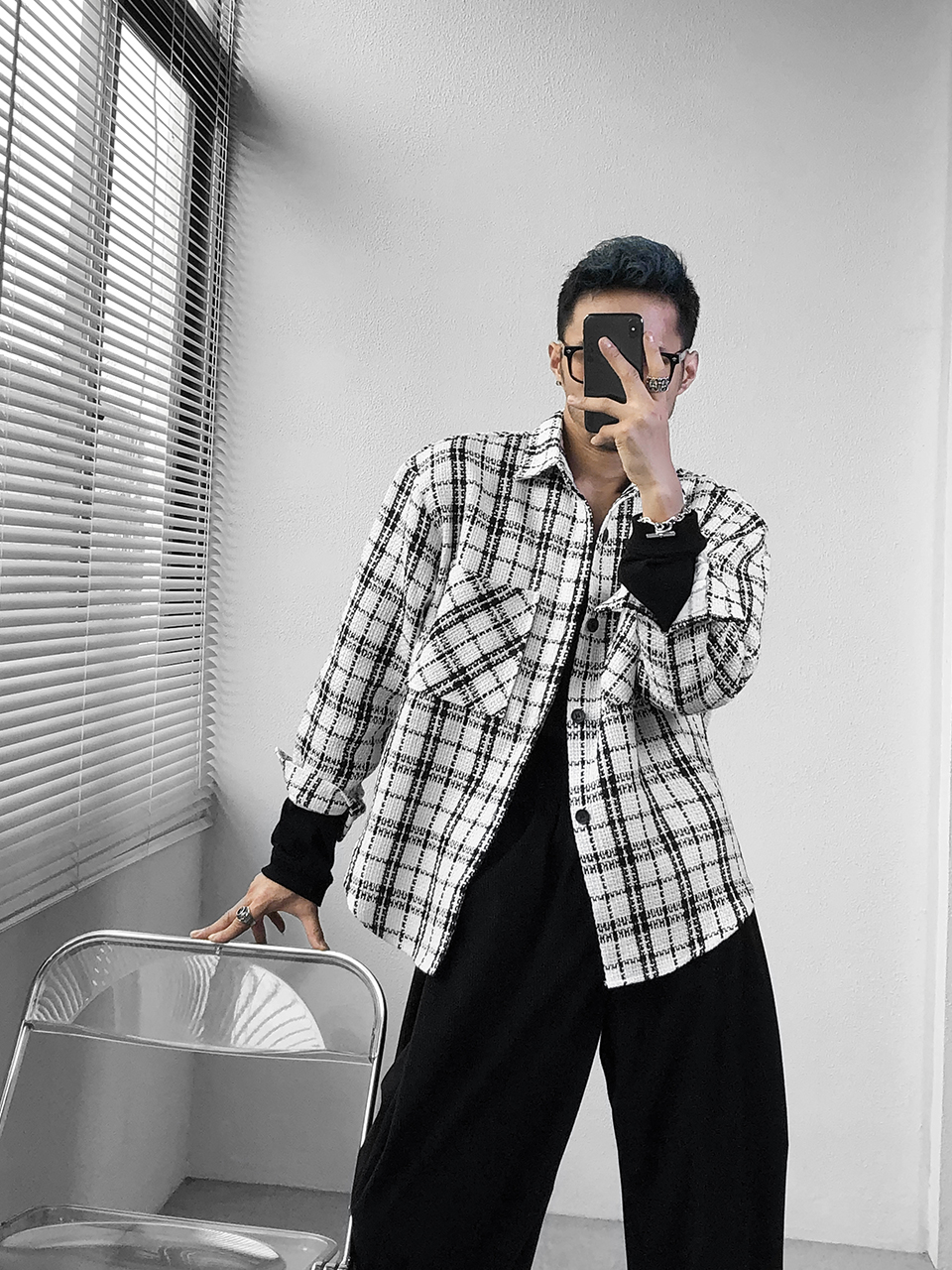 Dragon talk small xiang plaid shirt male design sense niche high-class sense fried street handsome spring new 2021 loose