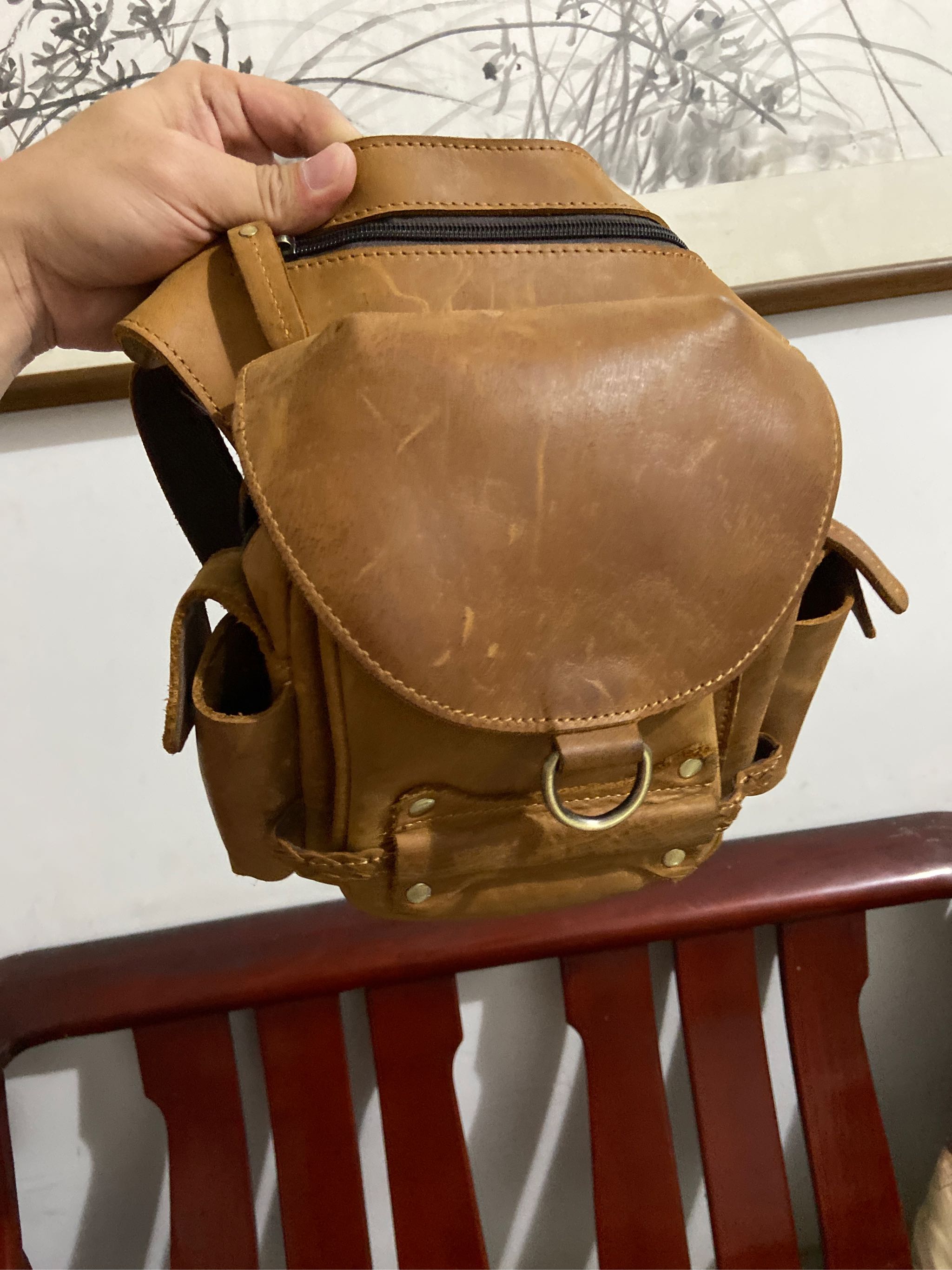 手工做旧疯马皮腿包牛皮复古腰包真皮休闲男包真皮单肩斜挎包潮包